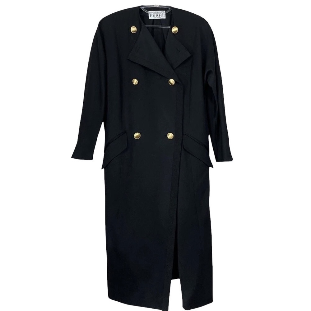 Gianfranco Ferre Italy Virgin Wool Buttoned Long Trench Coat Black Size IT 40